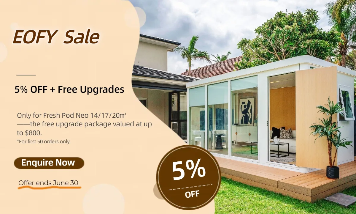 Fresh Pod Neo EOFY Sale – 5% Off + Free Upgrades on 14⁄17⁄20 m² Backyard Studio Pods Modern Fresh Pod Neo backyard studio pod on a timber deck, with floor-to-ceiling glass sliding doors surrounded by lush garden — EOFY Sale: 5% off + free upgrade package on 14 m², 17 m² & 20 m² modules