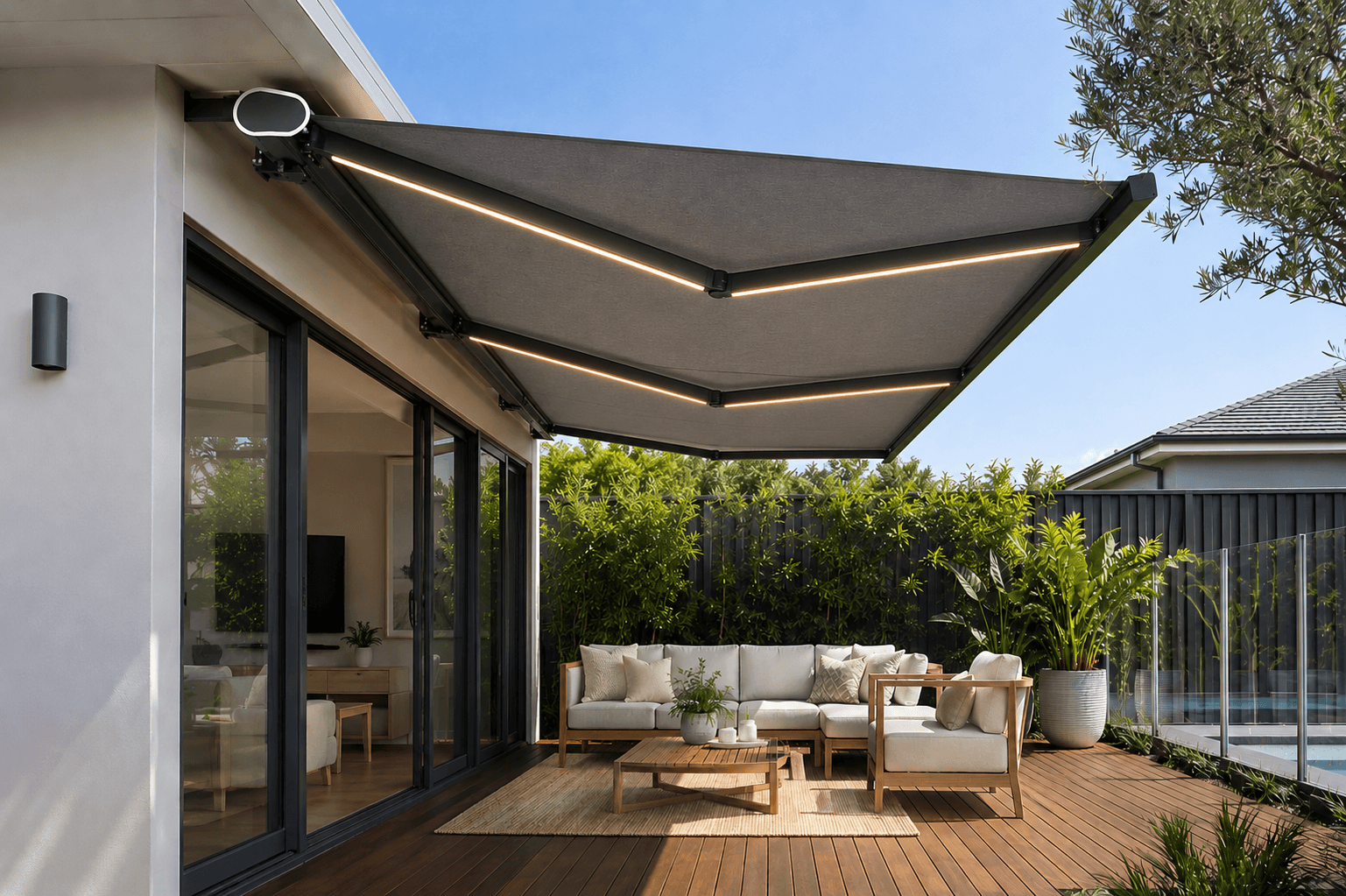 Deployed folding awning at pool side